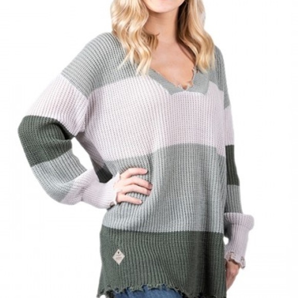 Simply Southern Collection Green Striped Distressed Ribbed Knit Sweater Size XXL - Picture 1 of 6